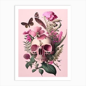 Skull With Butterfly Motifs Pink Botanical Art Print