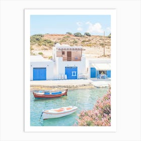 Milos, Greece I Cyclades blue and white fishing village architecture with Bougainvillea pink flowers wild boho nature photography and colorful boats in paradise blue turquoise waters of the Mediterranean sea Art Print