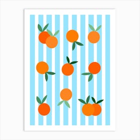 Oranges On A Blue Stripe Background Art Print