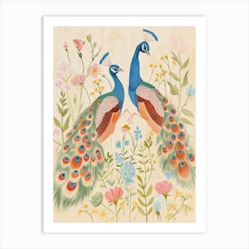 Folksy Floral Animal Drawing Peacock 2 Art Print