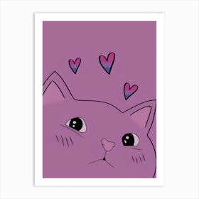 Purple Cat With Hearts Art Print