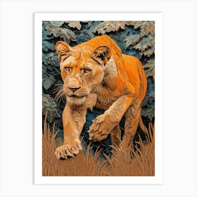 African Lion Relief Illustration Lionesss 4 Art Print