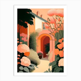 Courtyard With Peonies Orange And Pink Vintage Sketch Art Print