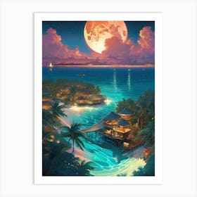 Maldives Village ~ Full Moon Romantic Honeymoon Travel Adventure Visionary Wall Decor Futuristic Sci-Fi Trippy Surrealism Modern Digital  Art Print