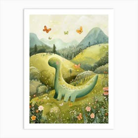 Cute Dinosaurs Playing With Butterflies Storybook Painting 1 Art Print