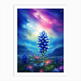 Blue Bonnet Wild Flower With Nothern Lights (4) Art Print