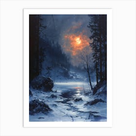 Moonlight In The Woods, Bichromatic, Surrealism, Impressionism Art Print