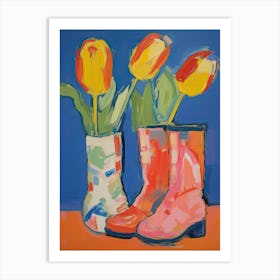 Painting Of Tulips Flowers And Cowboy Boots, Oil Style 3 Art Print