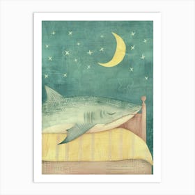 Pastel Blue Sleepy Shark With Moon Illustration 2 Art Print