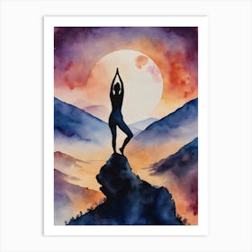 Yoga at Full Moon - Contemplating Serenity Calm Yogi Pose Meditating Spiritual Grounding Heart Open Buddhist Indian Travel Guidance Wisdom Peace Love Witchy Beautiful Watercolor Woman Trees Blue Silhouette Art Print