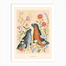 Folksy Floral Animal Drawing Harp Seal Poster Art Print