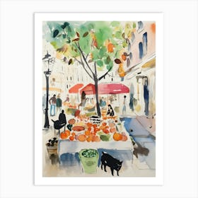 Food Market With Cats In Vienna 2 Watercolour Art Print