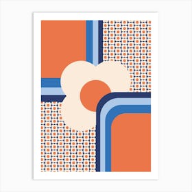 Retro 70s Geometric Floral, Blue, Apricot, Cream Art Print