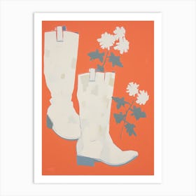 A Painting Of Cowboy Boots With White Flowers, Pop Art Style 3 Art Print