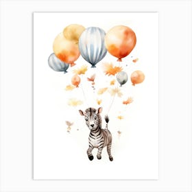 Zebra Flying With Autumn Fall Pumpkins And Balloons Watercolour Nursery 1 Art Print
