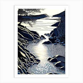 Water Over Stones In Sunlight Water Landscapes Waterscape Linocut 1 Art Print