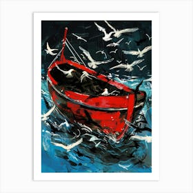 Red Boat With Seagulls Art Print