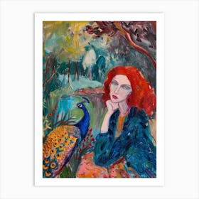 Peacock & Red Haired Woman Brushstroke Art Print