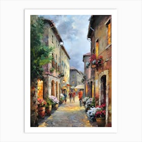 A painting of a street in a small town, a fine art painting, by Bernard D’Andrea, trending on cg society, josephine wall and pino daeni, beautiful painting of a tall, garmash, cinq terre, lourmarin, spring evening, in an alley, painted with a thin brush, raphaël, Art Print