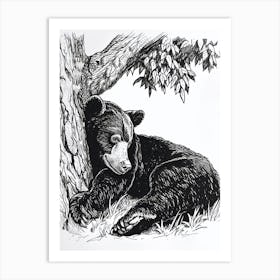 Malayan Sun Bear Laying Under A Tree Ink Illustration 2 Art Print