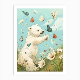 Polar Bear Cub Playing With Butterflies Storybook Illustration 3 Art Print