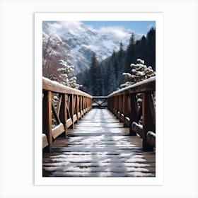 Snowy Wooden Bridge in the Mountains Art Print