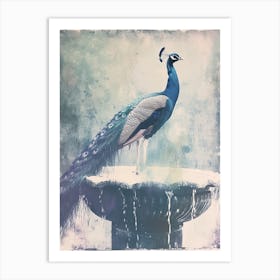 Vintage Turquoise Cyanotype Of A Peacock In A Fountain  1 Art Print