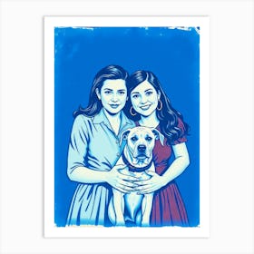 Two Girls And A Dog - Blue Washed Art Print