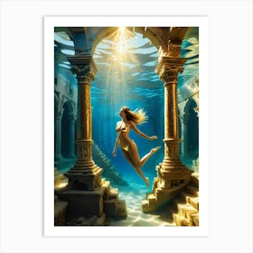 Woman swimming in gold underwater ruin 1 Art Print