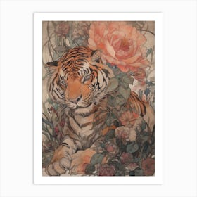 Tiger With Peonies Art Print