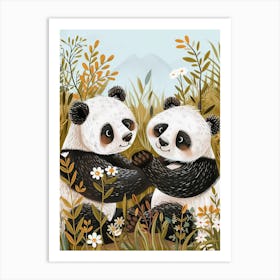 Giant Panda Two Bears Playing Together In A Meadow Storybook Illustration 4 Art Print