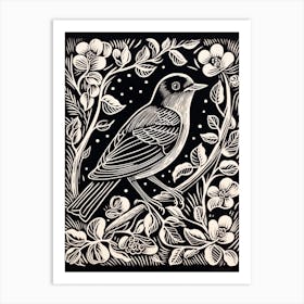 B&W Bird Linocut Robin 4 Art Print
