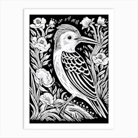 B&W Bird Linocut Hoopoe 2 Art Print