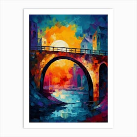 Mystic Town Stone Bridge in Sunset, Vibrant Colorful Painting in Van Gogh Style Art Print