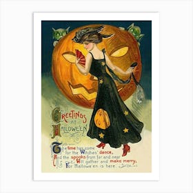 Young Woman With Halloween Poem And Jack O Lantern Behind Her Art Print