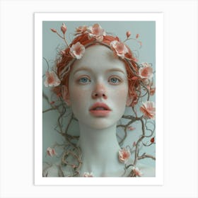 Girl With Flowers On Her Head Art Print