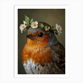 Bird With A Flower Crown European Robin Art Print 4 Art Print