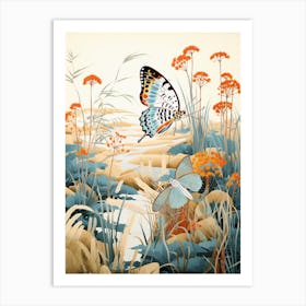 Butterflies In Wild Flowers Japanese Style Painting 2 Art Print