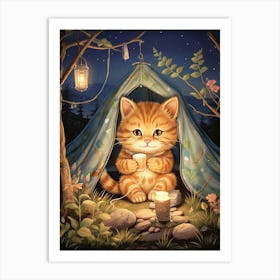 Kawaii Cat Drawings Camping 3 Art Print