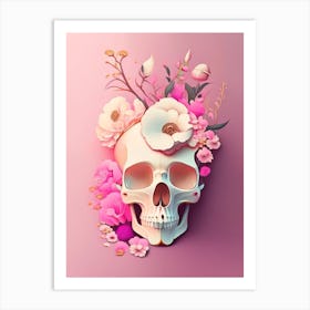 Skull With Abstract Elements 2 Pink Vintage Floral Art Print