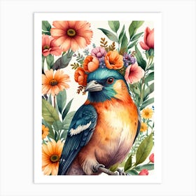 Watercolor Bird With Flowers 1 Art Print