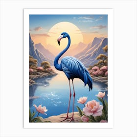 Floral Blue Flamingo Painting (58) Art Print