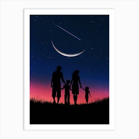 Family Silhouette At Night Art Print