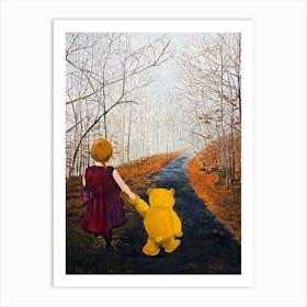 My Bff Girl Walking With Her Teddy Bear Art Print