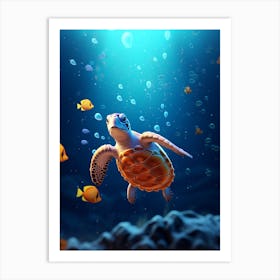 Realistic Sea Turtle And Fish Blue Art Print