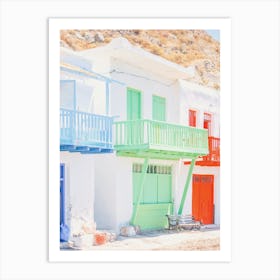 Milos, Greece I White architecture in the colorful fishing village of Klima facing Mediterranean Sea with its minimalist geometric composition in a summer blue green and red pastel aesthetic colors Art Print