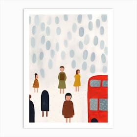 London Red Bus Scene, Tiny People And Illustration 6 Art Print