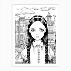 Nevermore Academy With Wednesday Addams And A Cat Line Art 3 Fan Art Art Print