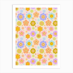 Retro Smiley Flowers 2 Art Print