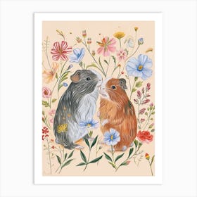 Folksy Floral Animal Drawing Guinea Pig 2 Art Print